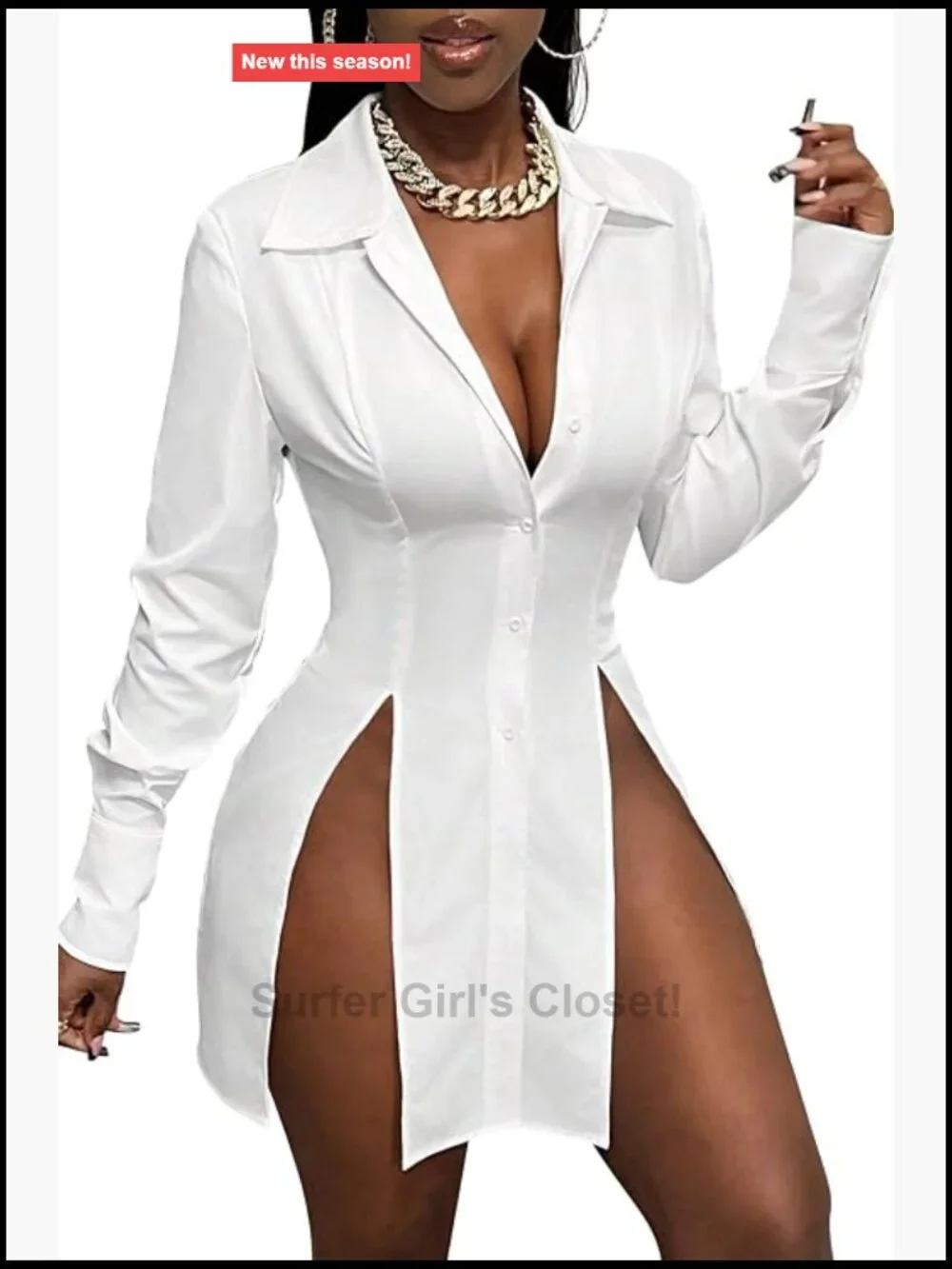 Women's Casual Button Down Shirt Dress Long Sleeve V Neck Side Slit Mini Dress
